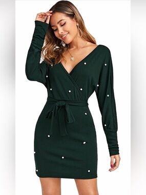 Green Pearl Beaded Surplice Wrap Mini Dress Long Sleeve Tie Waist Small